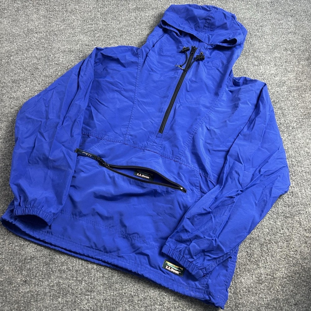 Vintage L.L. Bean Jacket Mens Medium Blue Hooded 1/4 Zip Anorak Windbreaker 90s